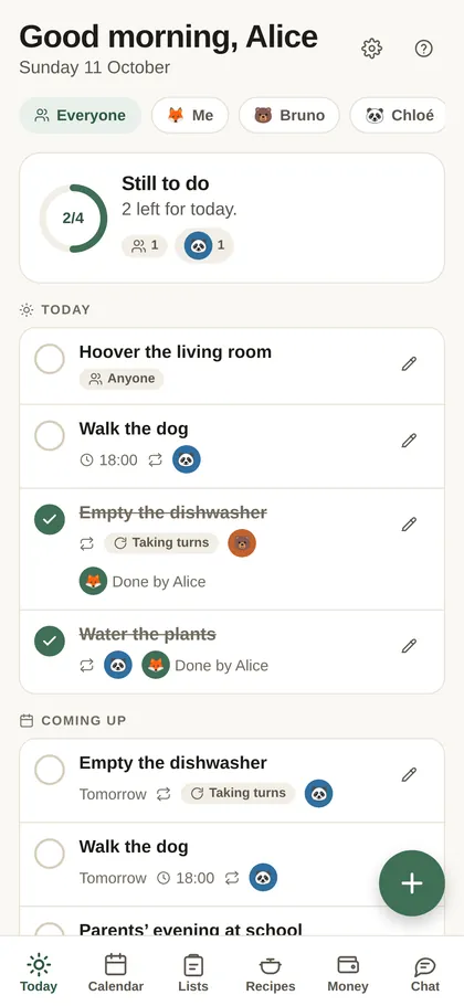The Today screen: everyone’s chores for the day