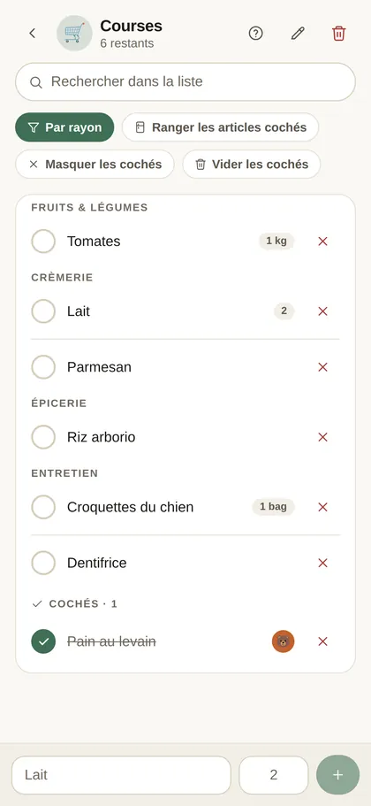 Capture d’écran — Une liste de courses partagée